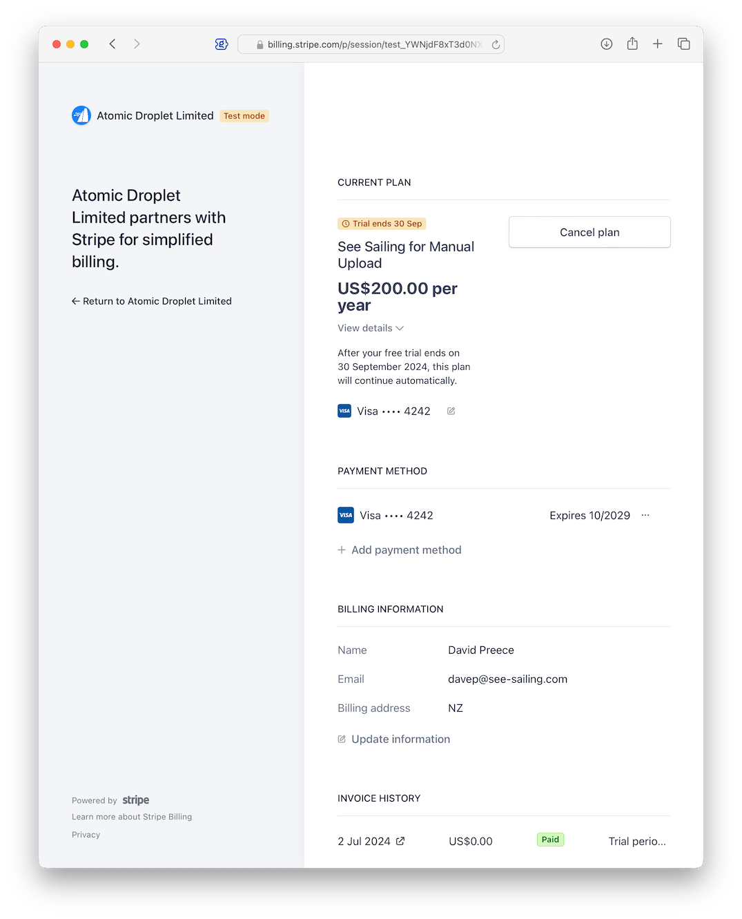 A See Sailing subscription on Stripe